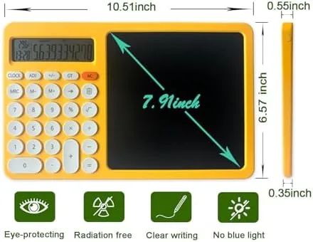 Calculator & Notepad 2in1 w Time & Temperature Display. 10 Digit Readout, 1 Stylus 2 Write, Draw, Doodle on 8 Inch LCD Screen. Hidden Back Support 2 Stand Tablet on Desktop. Packed in Robust Gift Box - Image 3