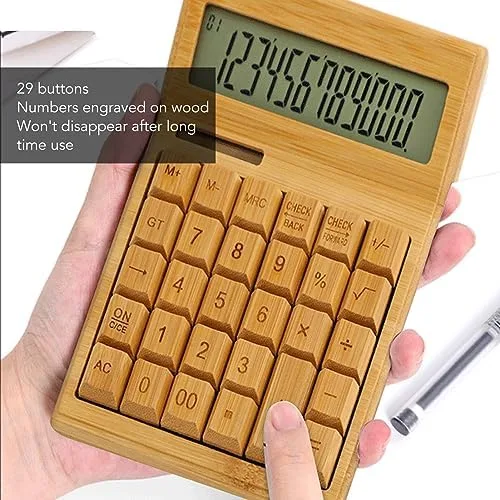 Bamboo Calculator Solar Powered, Battery Powered Bamboo Wooden Solar Calculators Standard Function, Desktop Calculator with 12 Bit Digital LCD Screen Large Display for School - Image 4